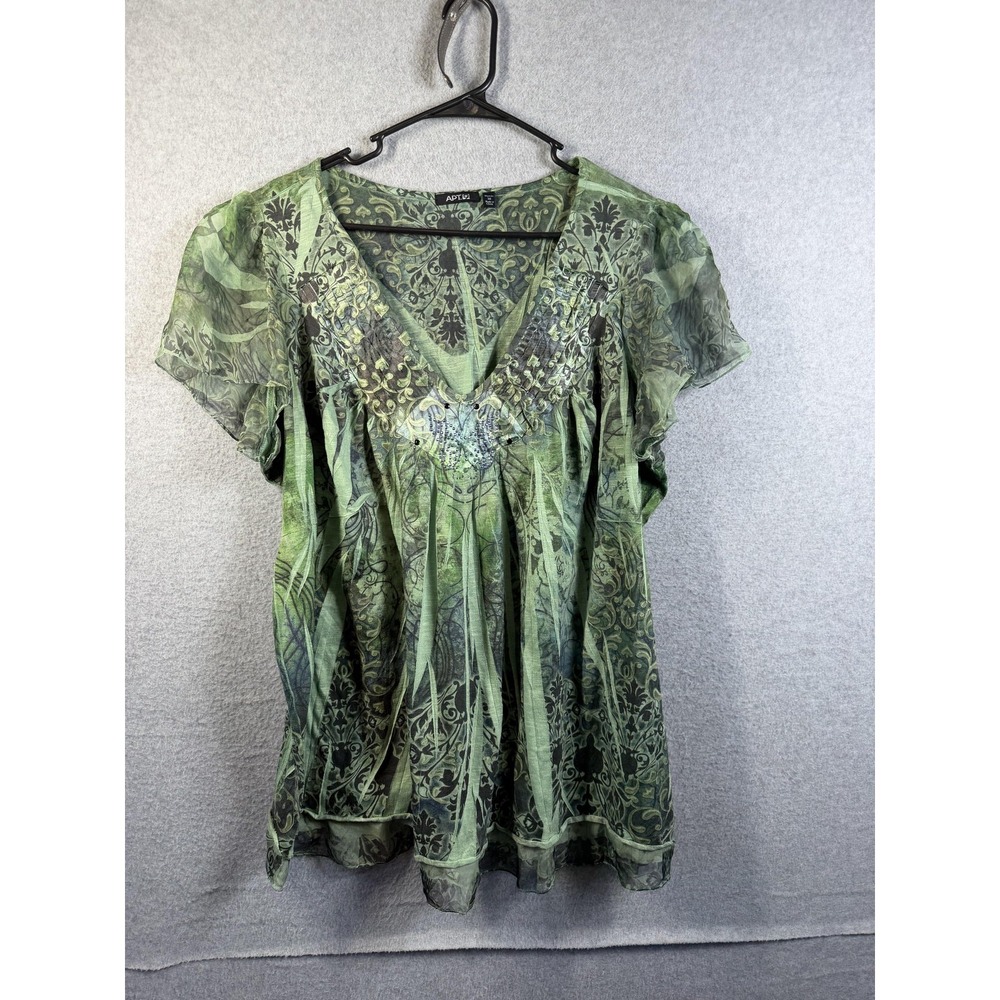 APT 9 Blouse Womens 3X Green Sheer Floral Beaded V Neck Short Sleeve Tunic